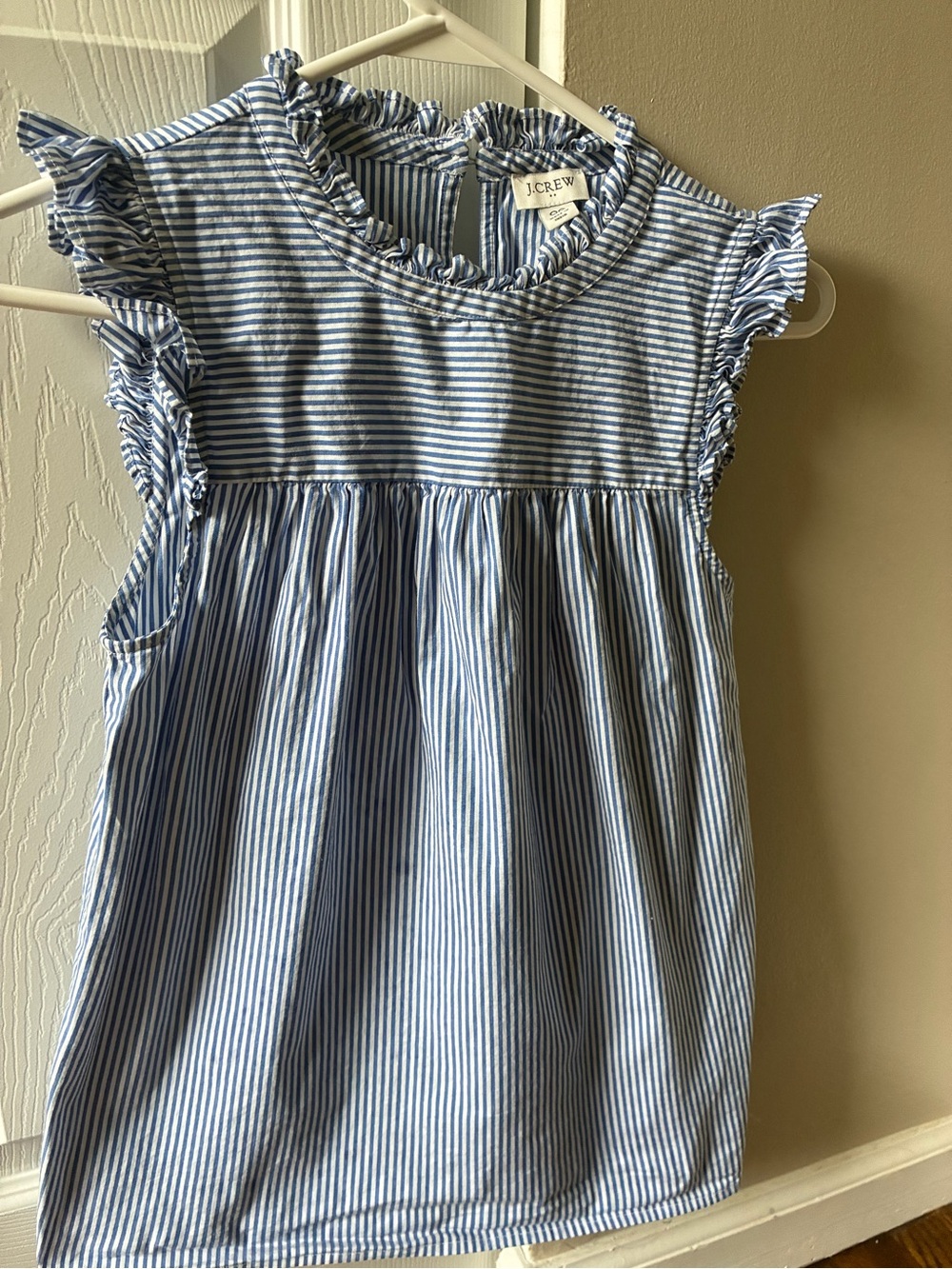 J. Crew Blue & White Striped Ruffle Sleeve Top